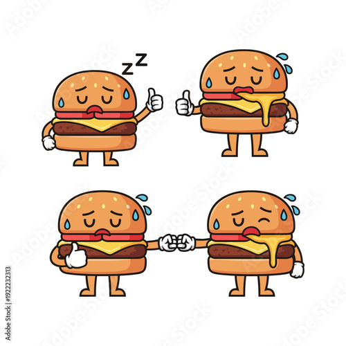 Cartoon burger characters experiencing different emotions and interactions in a humorous illustration
