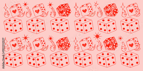 Red dice playing cards and stars on a pink background pattern