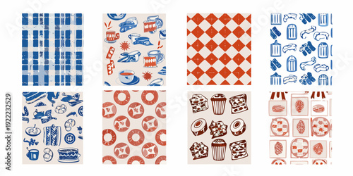 A collection of nine patterned fabric swatches in blue and red tones