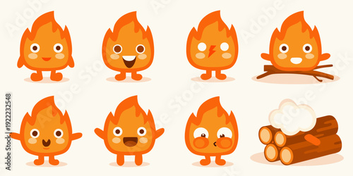 Cute cartoon flames with faces logs and smoke in a playful design