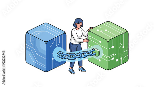 Woman linking secure blockchain data blocks with glowing chain, illustrating decentralized technology and digital connection