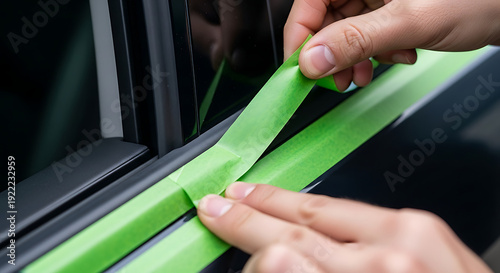 Hands applying painter's tape along car window trim for protection during detailing or repair
