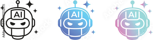 Set of futuristic AI robot head icons with sparkle stars, digital artificial intelligence avatar in line art and gradient styles.