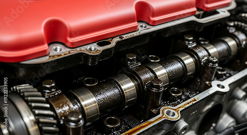 Internal Combustion Engine Camshaft and Gears with Red Valve Cover