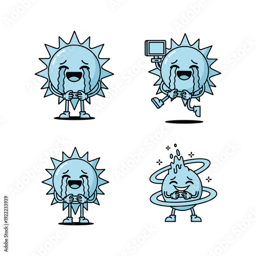 Cartoon sun and planet characters with different emotions and actions in a minimalist style