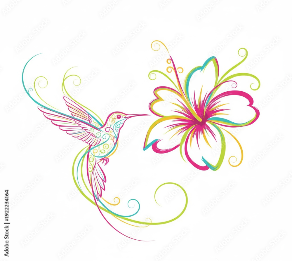 Fototapeta premium Vibrant and stylized vector illustration of a graceful hummingbird in flight, approaching a magnificent hibiscus flower, rendered with delicate swirling lines and a burst of tropical hues