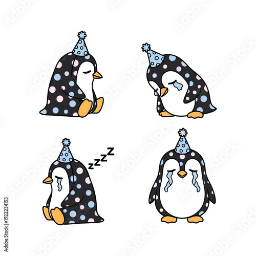 Penguins wearing party hats with different emotions on white background