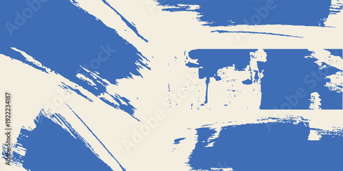 Grainy blue bold brush stroke with spray texture. Hand drawn distress damaged edge vintage template, banner. Art of vector.