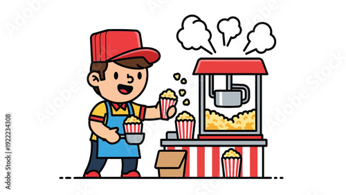 Popcorn vendor making and serving fresh popcorn from a machine, cartoon illustration