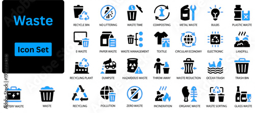 Waste solid icon set. Waste management icon set with trash can symbols. Linear and solid designs for garbage disposal, recycling, sanitation, and debris removal in black and blue. Solid icons set. 