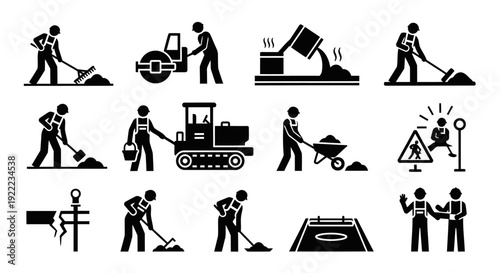 A unique set of twelve black silhouette icons illustrating people involved in road asphalt work through abstract action-based poses. Each icon shows a different paving process such as leveling
