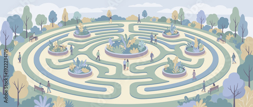 Flat vector illustration of a peaceful community labyrinth walking meditation garden with diverse people finding inner peace and calm spirit in a serene outdoor park landscape with lush trees.