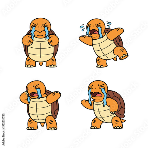Crying tortoise cartoon character in various emotional states with tears