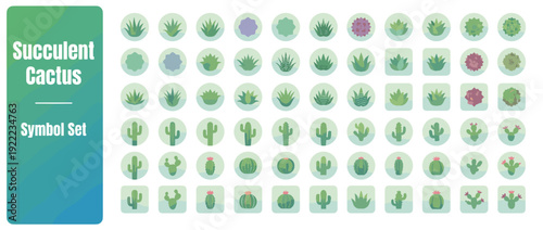 Vector icon set of 40 succulent and cactus varieties. Flat design with smooth gradients. Collection of desert plants, aloe vera, agave, and prickly pear symbols for web and graphic design projects.