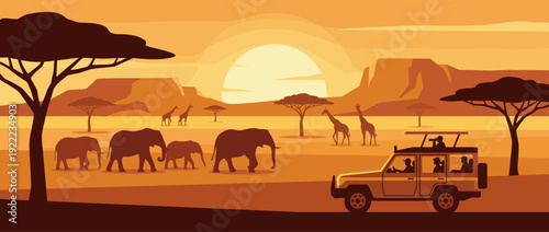 African Savanna Wildlife Safari Flat Vector Illustration with Elephants and Giraffes at Sunset; Tourists in a Jeep Explore the Wilderness Landscape with Acacia Trees and a Large Golden Sun