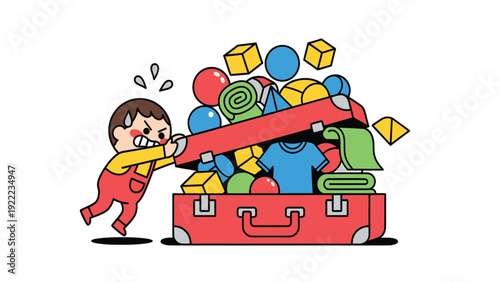Overpacked Suitcase Struggle: Cartoon character trying to close an overflowing red luggage, depicting travel packing challenge.
