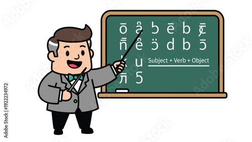 Friendly Professor Explains Grammar Concepts on a Chalkboard Educational Teaching Concept