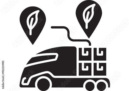 Truck delivery with cargo boxes and map pins symbolizing logistics operation featuring transportation, shipping, location with navigation and supply chain elements for distribution, freight projects,