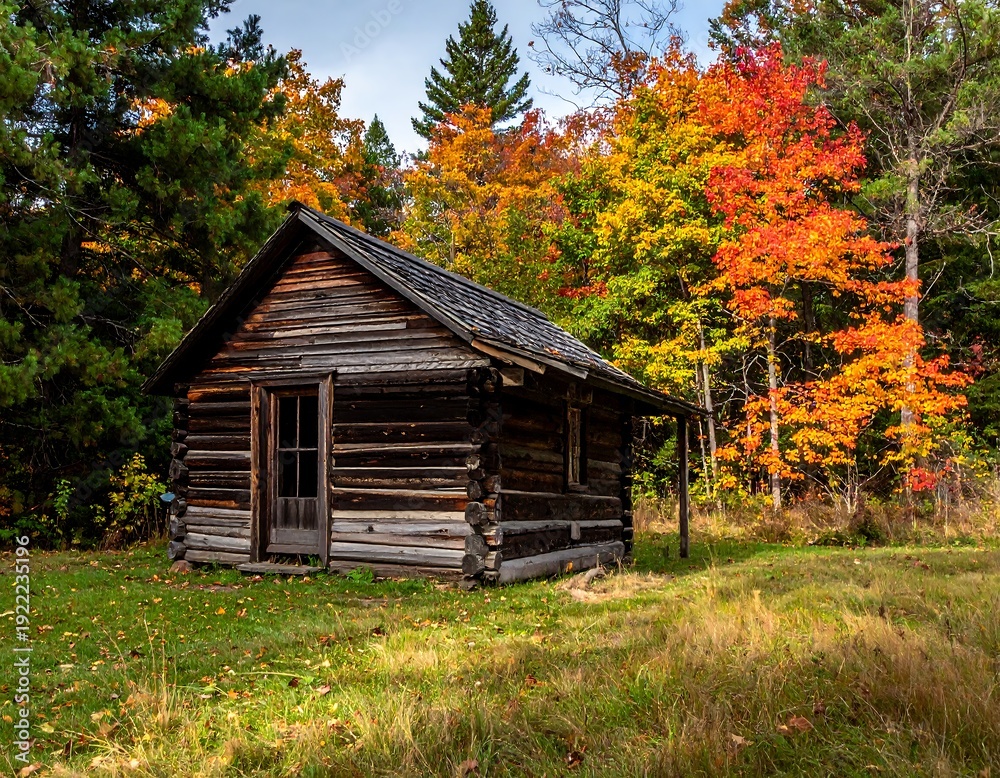 Obraz premium A small, old wooden cabin surrounded by trees with autumn foliage