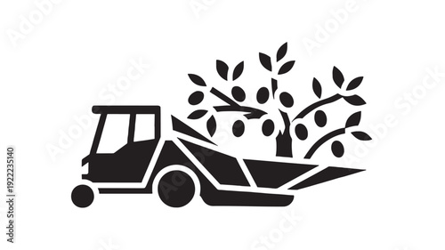Tractor trailer icon carrying fruit tree branches with leaves and olives, black silhouette farm transport symbol for agriculture harvest logistics and rural work
