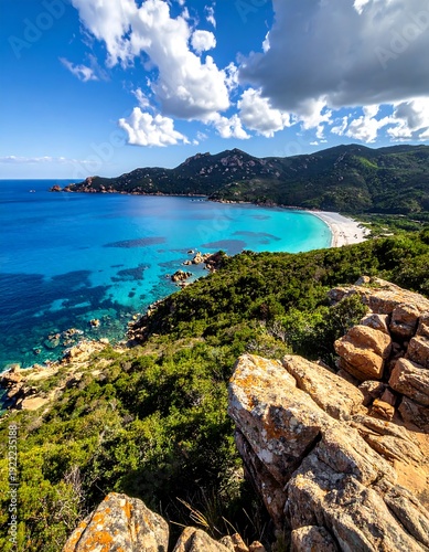 A serene and picturesque coastal landscape with clear turquoise waters, lush greenery, and rugged rocks