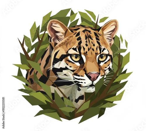 Vibrant illustration of a majestic ocelot's face, its piercing eyes peeking through green leaves, embodying the wild spirit and exotic beauty of this jungle cat