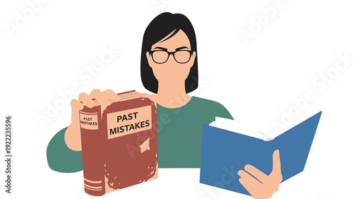Woman learning from 'Past Mistakes' book, holding a new open book for future growth and a fresh start