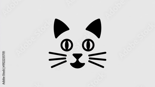 Black cat face icon with pointed ears and whiskers on light gray background simple graphic design