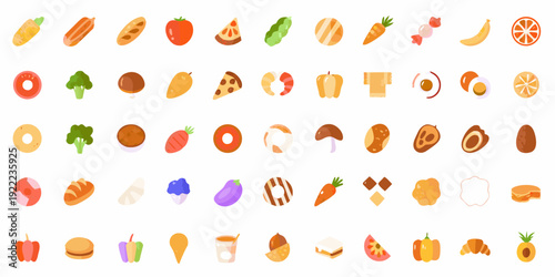 Colorful assortment of cartoon fruits vegetables sweets and fast food icons
