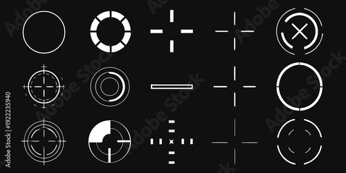 Collection of white geometric shapes resembling targeting reticles