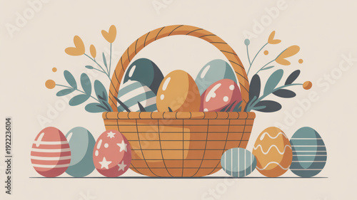 Colorful easter eggs in a wicker basket with floral decorations on a beige background