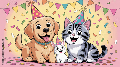 Happy dog cat and kitten wearing party hats with confetti and bunting