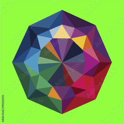 A vibrant, multifaceted geometric shape with a kaleidoscopic pattern against a bright green background, resembling a gemstone or abstract art.