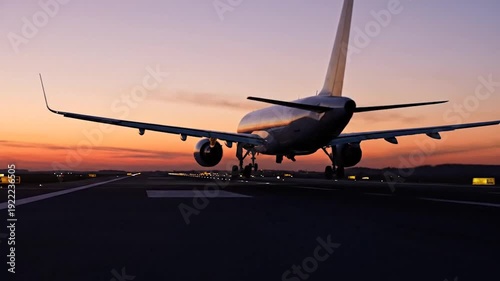 Tracking shot of passenger airplane landing on runway at dusk capturing smooth touchdown, evening aviation scene, airport arrival moment and cinematic commercial flight concept
