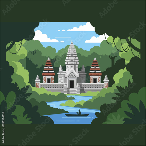Flat illustration of an ancient temple nestled in a dense jungle with a river and a person in a boat, depicting a serene travel destination.