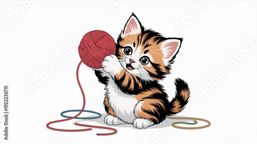 Cute calico kitten playing with colorful yarn ball on white background adorable pet fun