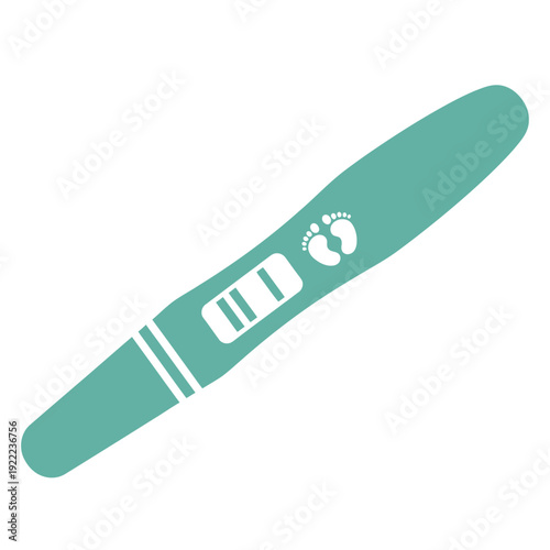 A teal pregnancy test displaying a positive result with tiny footprints