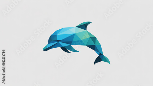 Vibrant blue polygonal dolphin jumping out of water in geometric style on light gray background