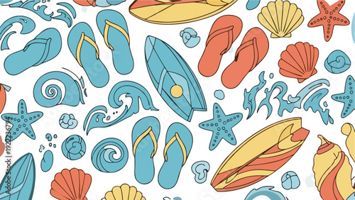 Seamless Summer Beach Vacation Pattern with Surfboards Flip Flops and Seashells Illustration
