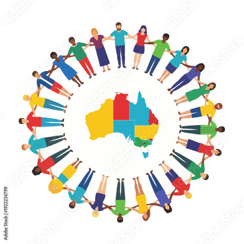 People holding hands in a circle around a map of australia