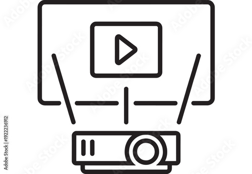 Projector icon with presentation screen and play button, linear outline pictogram for video projection, home theater, classroom training, cinema and streaming media