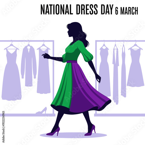 National dress day illustration with a woman and dresses on hangers