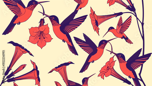 Vibrant Stylized Hummingbirds Feeding from Trumpet Flowers Seamless Pattern Background