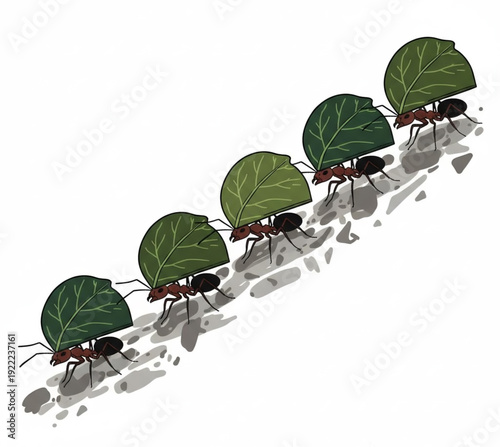 A line of ants carrying leaves up a hill, showcasing teamwork and cooperation in nature's intricate designs