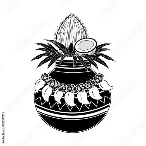 A black and white illustration of a decorated coconut and pot