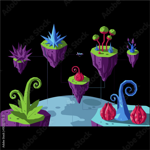 Vibrant cartoon illustration of a fantastical alien landscape featuring multiple floating islands adorned with unique extraterrestrial plants and glowing crystals.