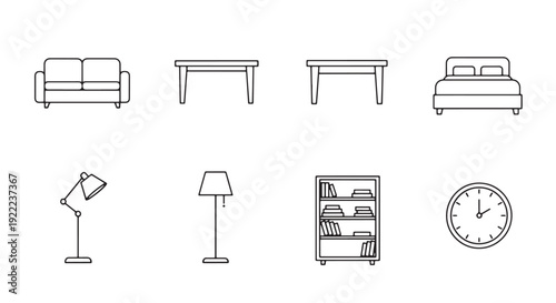 Home Furniture Clean Outline Stroke Vector Icon Pack with Sofa, Table, Bed, Floor Lamp, Bookshelf, Wall Clock