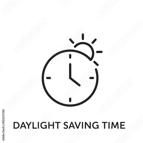 Simple line art illustration of a clock with sun rays and text