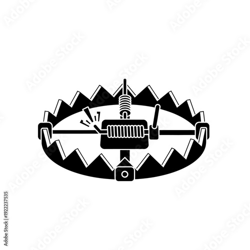 A black and white illustration of a classic animal trap design