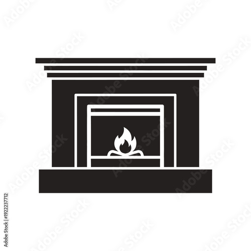 Simple black and white icon of a fireplace with burning flames